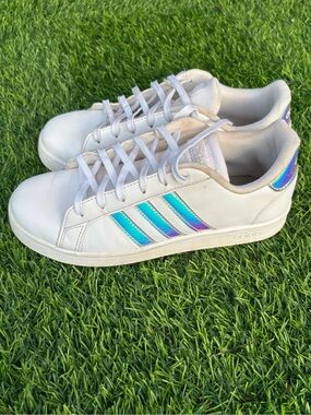 adidas White Sneakers with Iridescent Teal Stripes 4.5